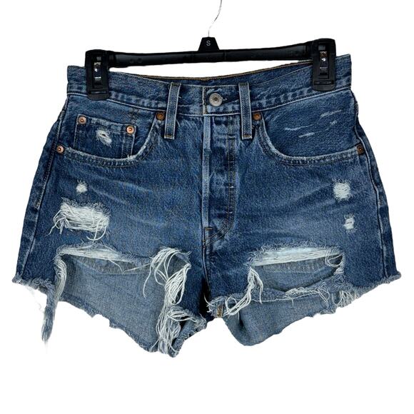 Levi’s 501 SZ W26 Jean Shorts Button-Fly Distressed Rips Medium Wash Frayed Hems - Picture 1 of 9